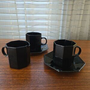 VTG Black Arcoroc Octime France 2 Cups 2 Saucers and Creamer Tempered Glass